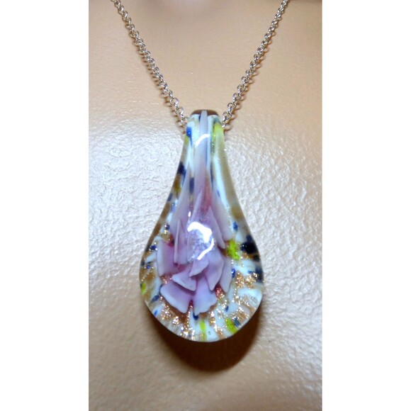 Murano Hand Blown Pink Floral Glass Pendant Copper Yellow Blue - Picture 4 of 9
